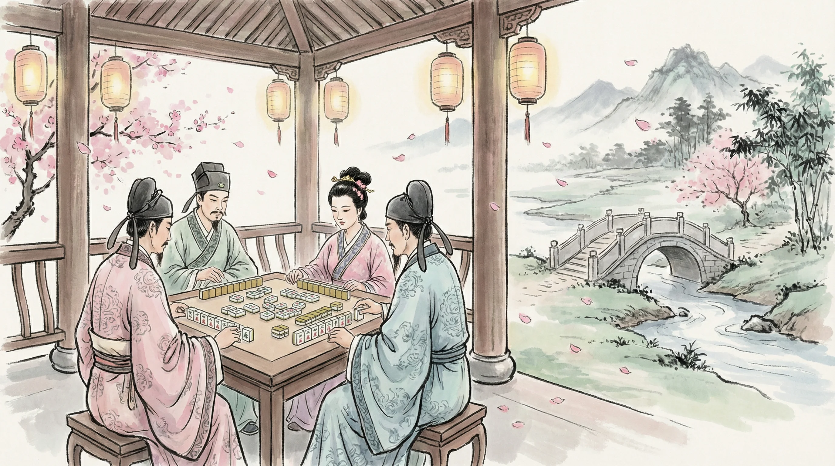 南宫体育麻将雅集水墨画